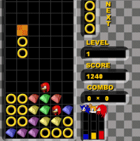 Sonic Heroes Puzzle Tetris : C'est un tetris avec les personnages hro du jeu sonic, ici vous jouez  une variante du tetris qui consiste  faire sauter des ligne de mme couleur, les bloques sont uniformes et verticaux et constitus de trois pices, le changement d'ordre des pices de fait par la touche du haut, la descente par la touche du bas